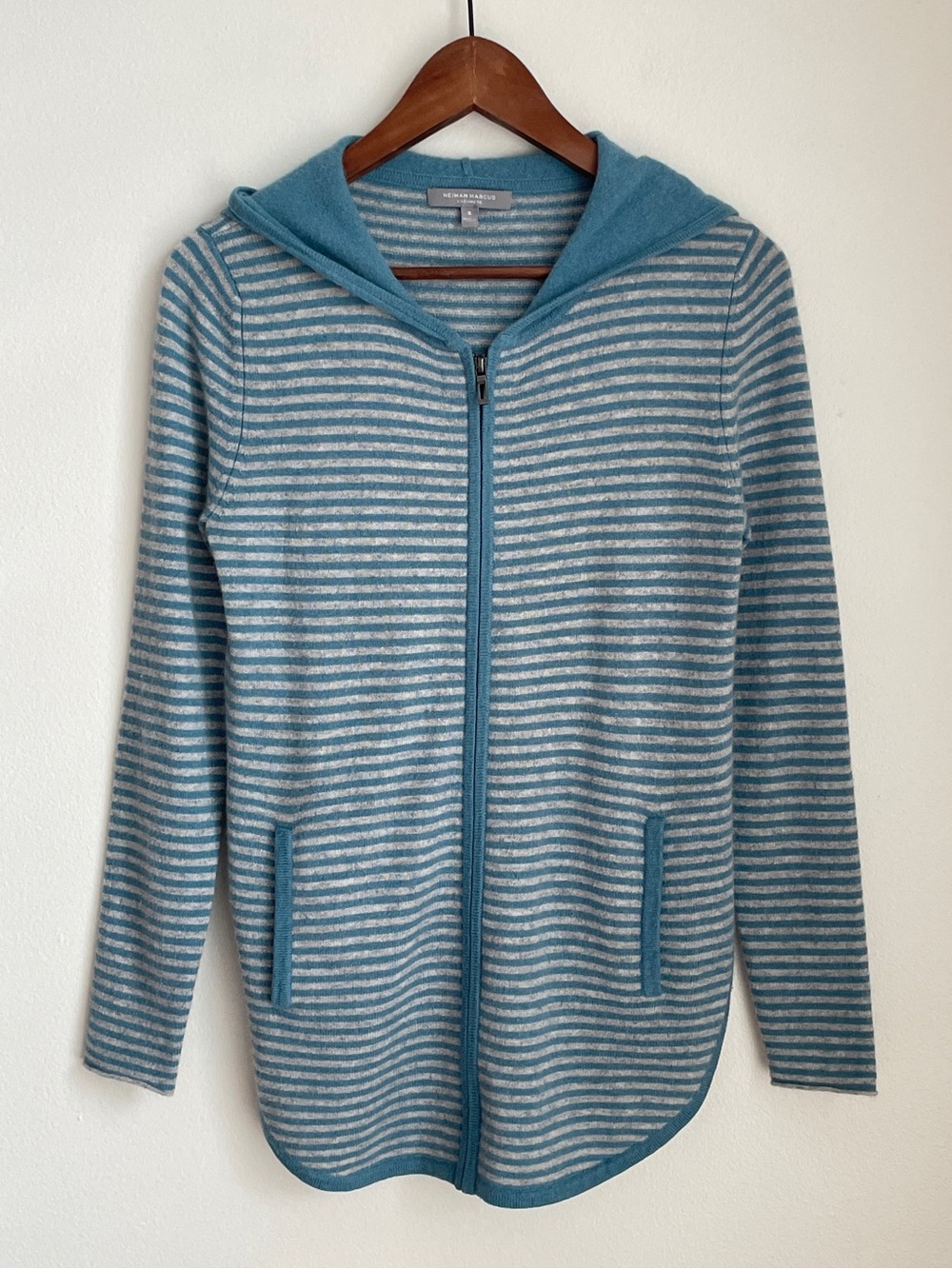 Neiman Marcus 100% Cashmere Striped Zip Hoodie Cardigan Sz S Blue Coastal Luxury